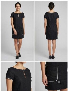 Tevrow + Chase Black Linen Blend Contrast Piping Shift Mini Dress Size 0